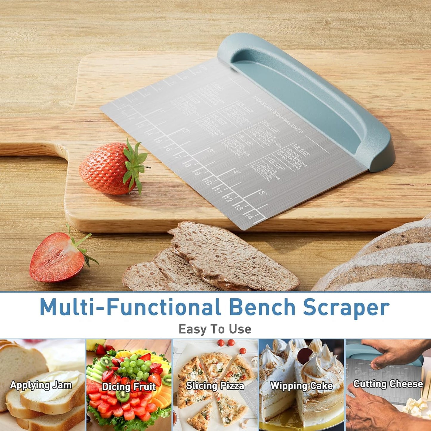 2 IN 1 Upgrade Bench Scraper, Dough Scraper for Pastry Bread Cake Pizza, Stainless Steel Dough Cutter with Conversion Chart & Measuring Scale, Bowl Scraper Food Scraper for Kitchen Baking, Gray