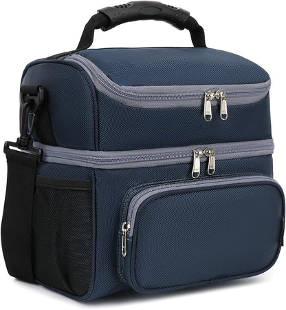 FlowFly Double Layer Cooler Insulated Lunch Bag Adult Lunch Box Large Tote Bag for Men, Women, With Adjustable Strap,Front Pocket and Dual Large Mesh Side Pockets