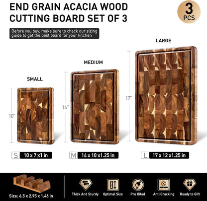 End Grain Cutting Board for Kitchen with Non-slip Feet, Acacia Wood Heavy Duty Checkered Cutting Board Upgraded Chopping Board with Juice Groove & Handle Large Wooden Butcher Block with Gift Box