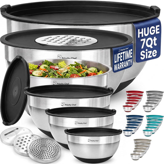 Priority Chef 6pc Stainless Steel Mixing Bowls with Lids Set, 7 Qt, Black