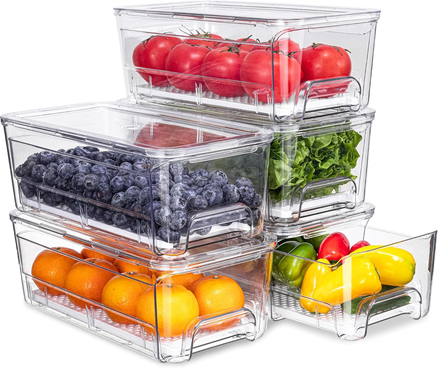 Fruit Storage Container for Fridge with Pull-Out Drawer, Drain Layer | 3 Pack, Keeps Fruits and Vegetables Fresh & Dry, Stackable Design, Clear View, Helps Reduce Odors, with Anti-Slip Base