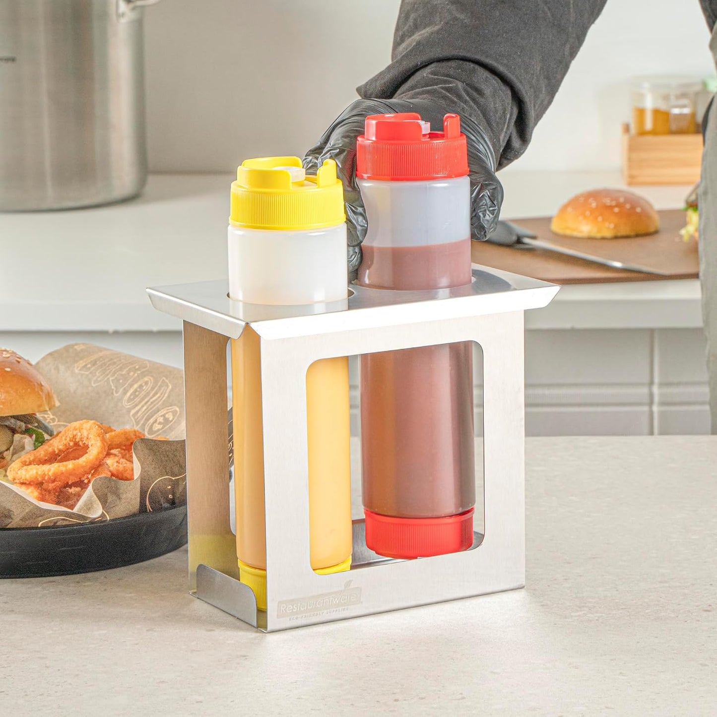 Restaurantware Stainless Steel Bottle Organizer - 1 Count - 6.299 x 7.087 x 0.394 Inches - Dishwasher-Friendly Condiment Holder - Kitchen Bottle Rack - Space-Saving Design - Silver