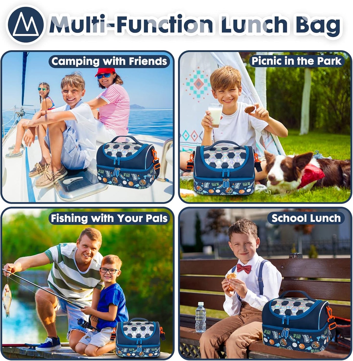 Kids Double Decker Cooler Insulated Lunch Bag, Back to School Large Meal Tote for Boys, Girls, Men, Women, with Adjustable Strap, Soccer