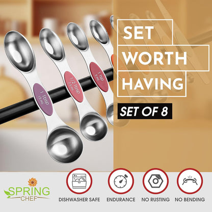 Spring Chef Stainless Steel Magnetic Measuring Spoons Set with Strong N45 Magnets, Heavy Duty Metal Kitchen Gadgets for Baking & Cooking, Fits in Most Kitchen Spice Jars, Set of 8 with Leveler, Black