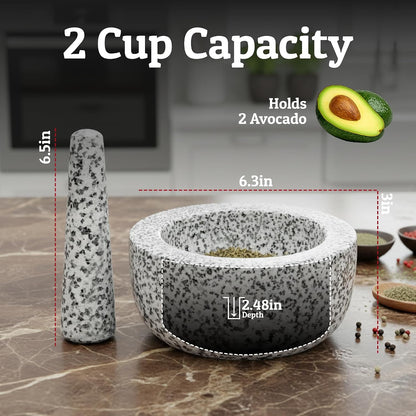 Priority Chef Heavy Duty Large 1.5 Cup Mortar and Pestle Set, 100% Natural Granite, 5.5 Inch Diameter Bowl, 6.2 Inch Pestle, Non-Slip Base, Stone Grinder for Guacamole Salsa Pesto Herbs Spices, Black
