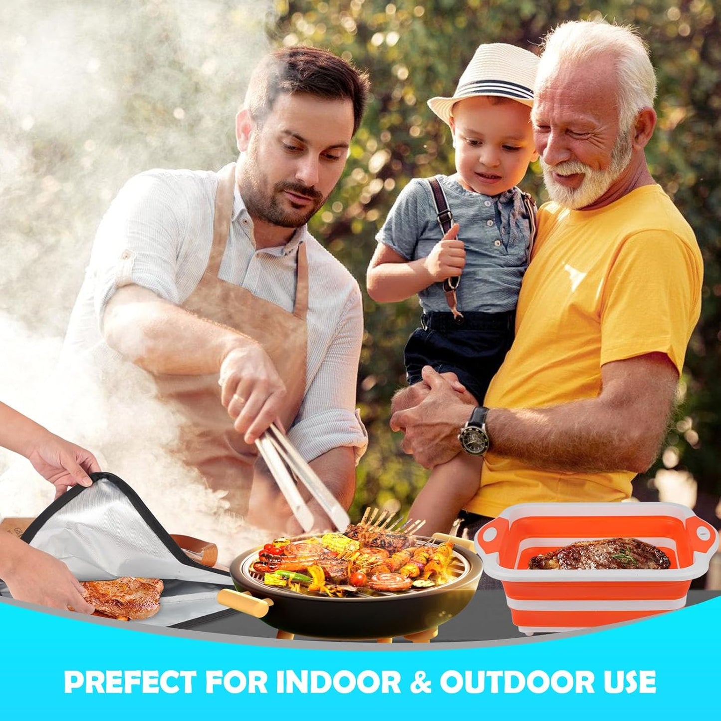 Collapsible BBQ Prep Tub & BBQ Resting Bag - Multi-Function Foldable Cutting Board, BPA Free Portable Silicone Dish Bowl, Leak Free Drain Hole for Meal Prep, Marinating, Food Storage(Orange)