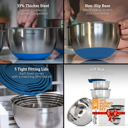 Priority Chef Premium Mixing Bowls With Lids Set, Airtight Lids, Thicker Stainless Steel, Non-Slip Base, 5 Nesting Steel Bowls for Kitchen, Large Prep Metal Bowl Set 1.5/2/3/4/5 Qt, Black