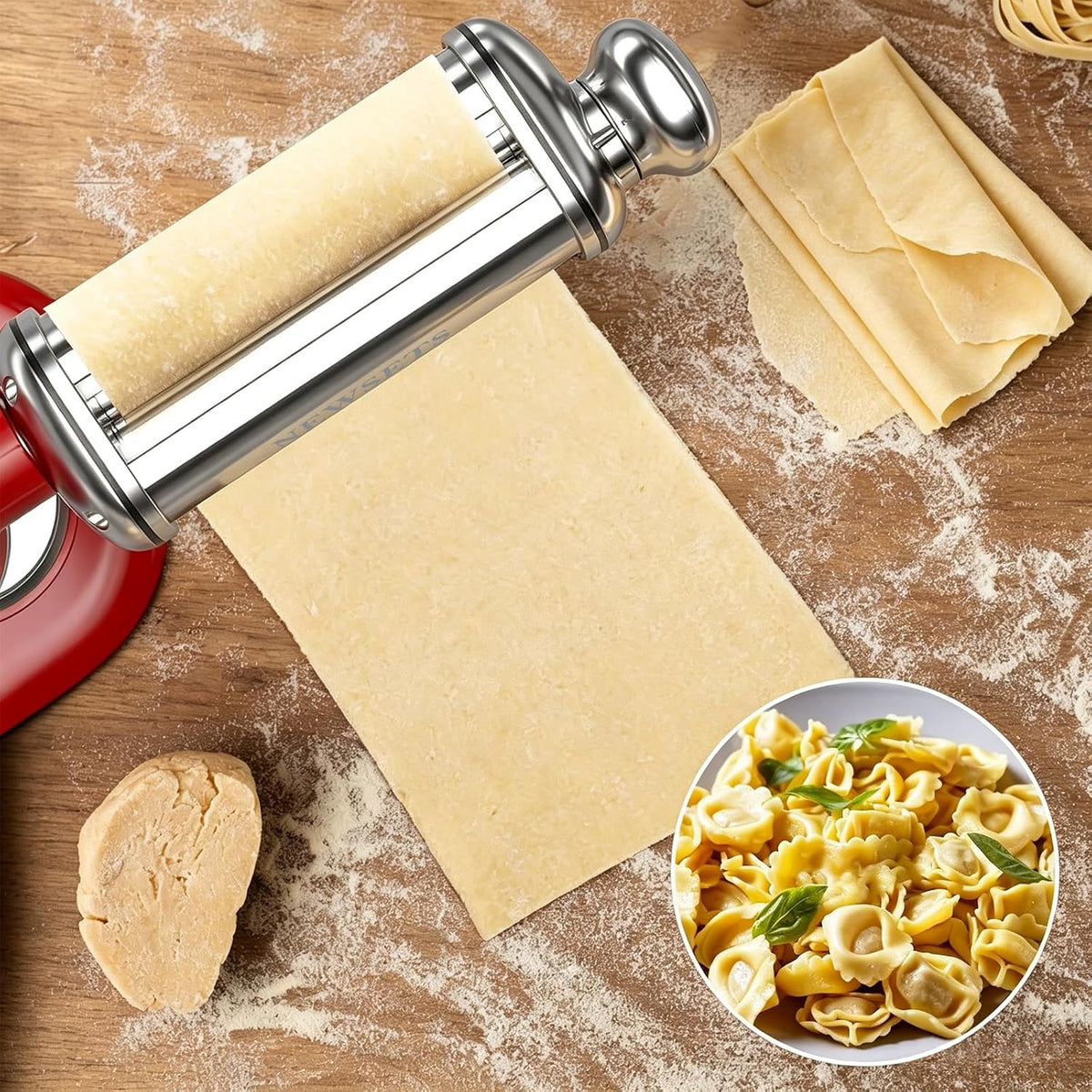 Pasta Maker Attachment for All Kitchenaid Stand Mixers, Kitchen Aid Pasta Attachments Included Pasta Dough Roller, Fettuccine Cutter, Spaghetti Cutter and Cleaning Brush
