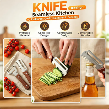 2-Pack Multifunctional Vegetable Peeler, 3 in 1 Kitchen Peeler with Wooden Handle, Grater & Bottle Opener for Potato, Carrot, Apple, Fruit & Vegetable