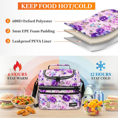 opux Insulated Lunch Bag for Men Women, Double Decker Leakproof Lunch Box Cooler Tote with Shoulder Strap, Large Lunchbox for Work School Travel Meal Prep, Adults Kids Boys Girls, Green, 16 Cans