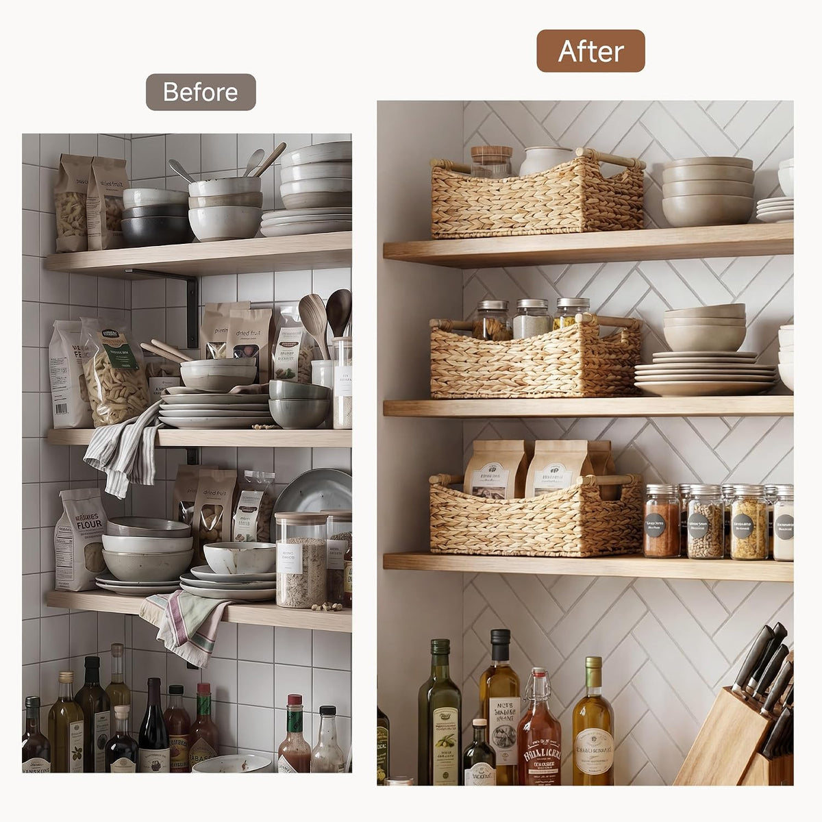 StorageWorks Wicker Baskets for Organizing, Water Hyacinth Storage Baskets with Handles, Woven Baskets for Pantry Storage, 13" x 8¼" x 7", 2-Pack