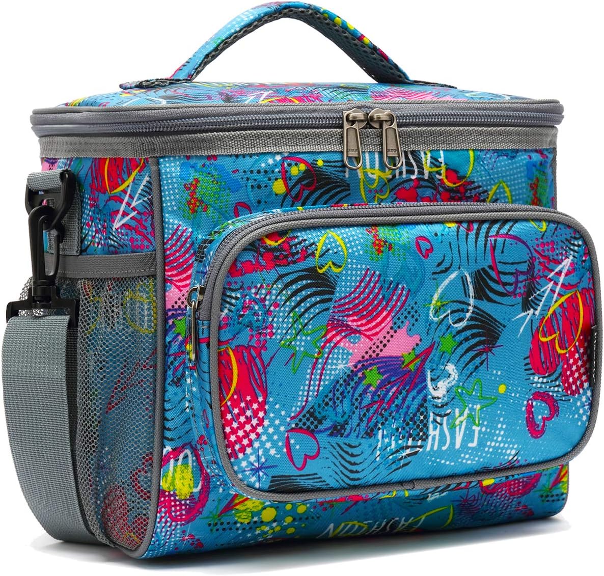 FlowFly Insulated Reusable Lunch Bag Adult Large Lunch Box for Women and Men with Adjustable Shoulder Strap,Front Zipper Pocket and Dual Large Mesh Side Pockets,Cherry - Colors B