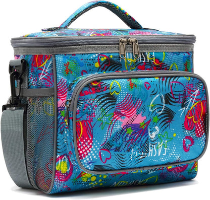 FlowFly Insulated Reusable Lunch Bag Adult Large Lunch Box for Women and Men with Adjustable Shoulder Strap,Front Zipper Pocket and Dual Large Mesh Side Pockets,Cherry - Colors B