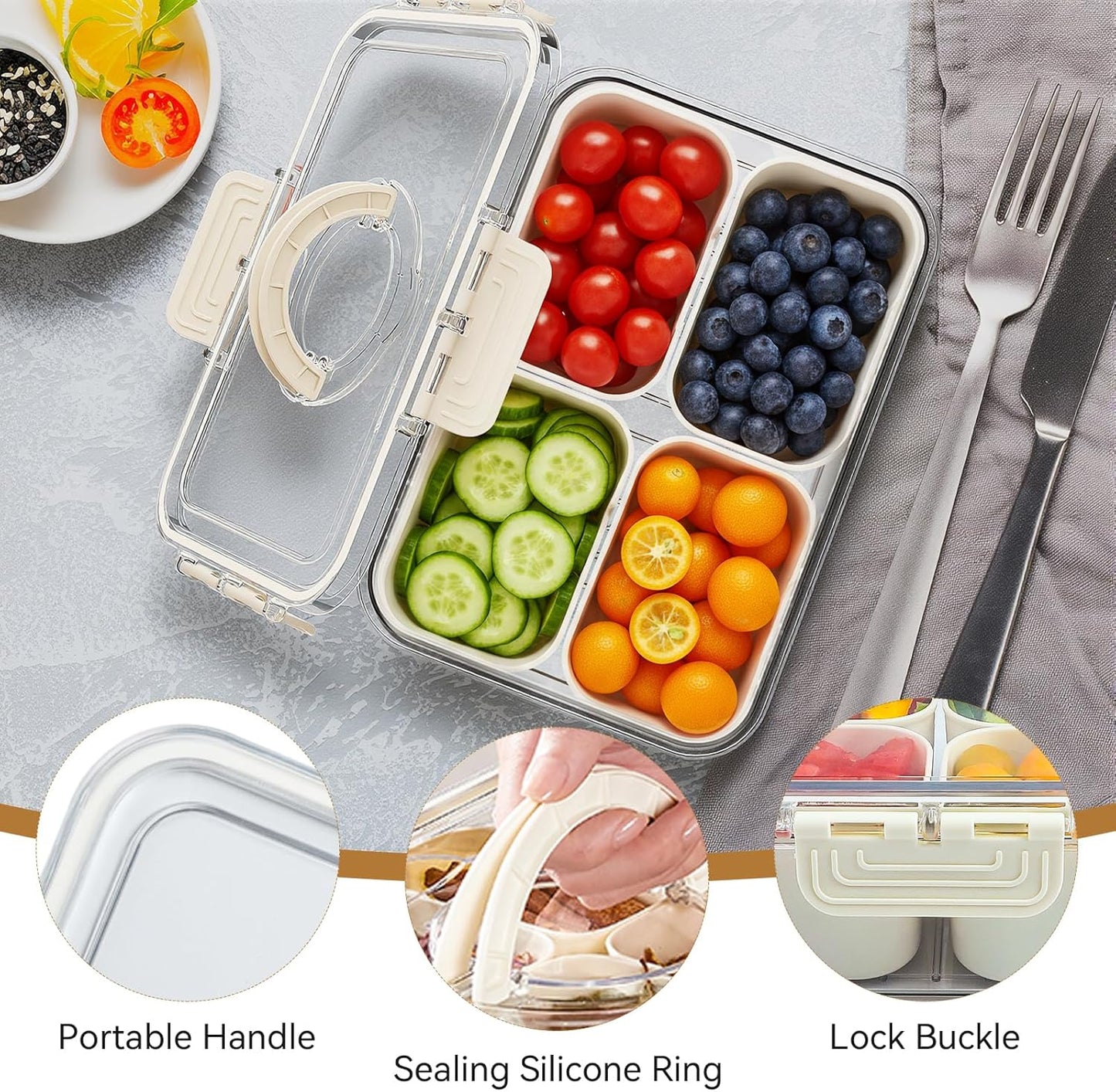 Small Snack Box Containers for Adults Men Women with 4 Compartments,Reusable Bento Box Adult Food Trays for Fruit,Charcuterie,Pink Lunch Box Divided Serving Tray with Lid and Handle for Work Travel