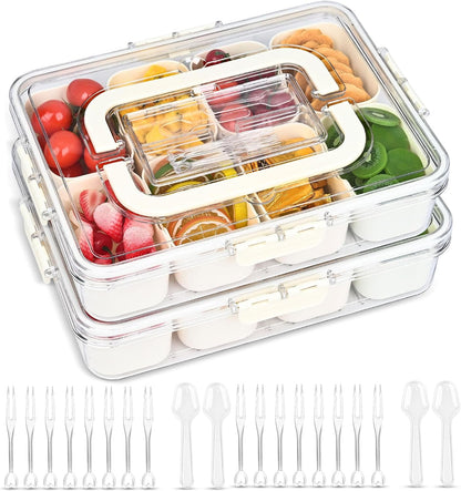 (2Pcs)Divided Serving Tray with Lid,Snackle Box Container with Lid,Snack Box Container with Cutlery Storage,8 Fruit Forks,2Spoons,Fruit Tray,Portable Snack Organizer,8 Compartments snack tray with lid