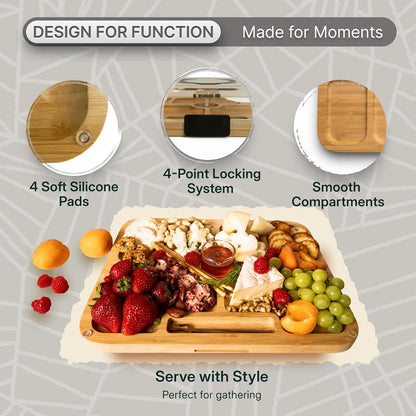 Charcuterie Board with Lid and Handles, 2-in-1 Bamboo Cutting and Serving Tray, Stylish Glass Bowl, 4 Stainless Steel Forks, Storage Bag, Silicone Stoppers, Housewarming Gift