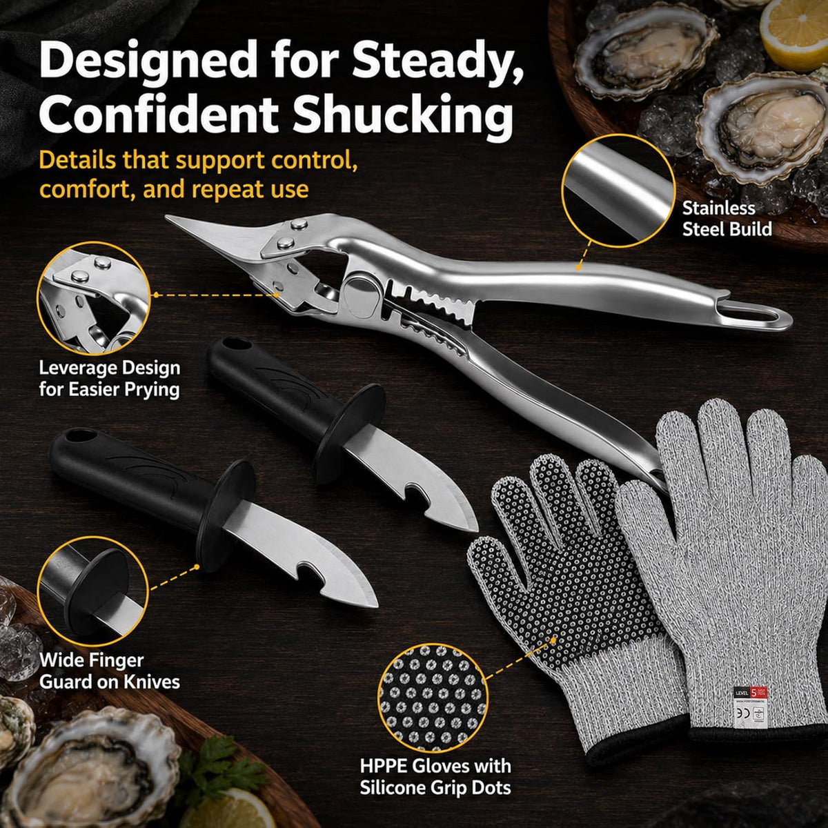 Oyster Shucker Machine Kit with 2 Knives & Cut-Resistant Gloves