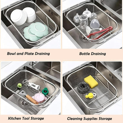 Sink Strainer Basket, Over the Sink Colander, Kitchen Expandable Stainless Steel Mesh Drain Basket, Adjustable Rectangular Kitchen Strainer with Handle for Washing Fruits, Vegetables and Pasta (Small)