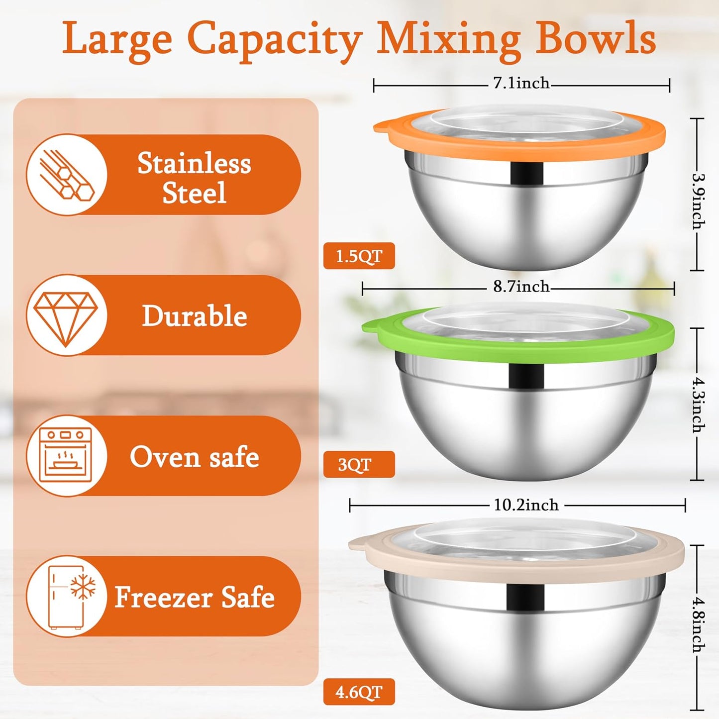 LIANYU Mixing Bowls with Airtight Lids Sets, 3 Packs Stainless Steel Metal Mixing Bowls, Ideal for Prepping, Cooking, Storage, Serving, Freezer & Dishwasher Safe, Khaki