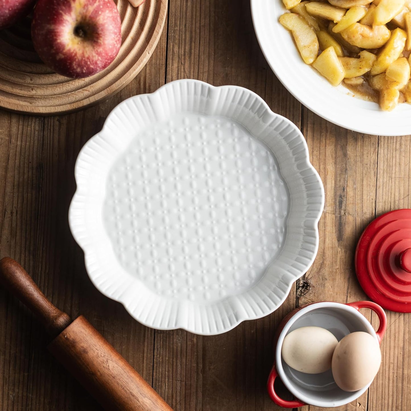 Deep Dish Pie Pan with Lid, 11 inch Ceramic Pie Dish, Round Baking Dish for Apple, Quiche, Pot Pies, Tart, etc, Microwave, Dishwasher, and Oven Safe