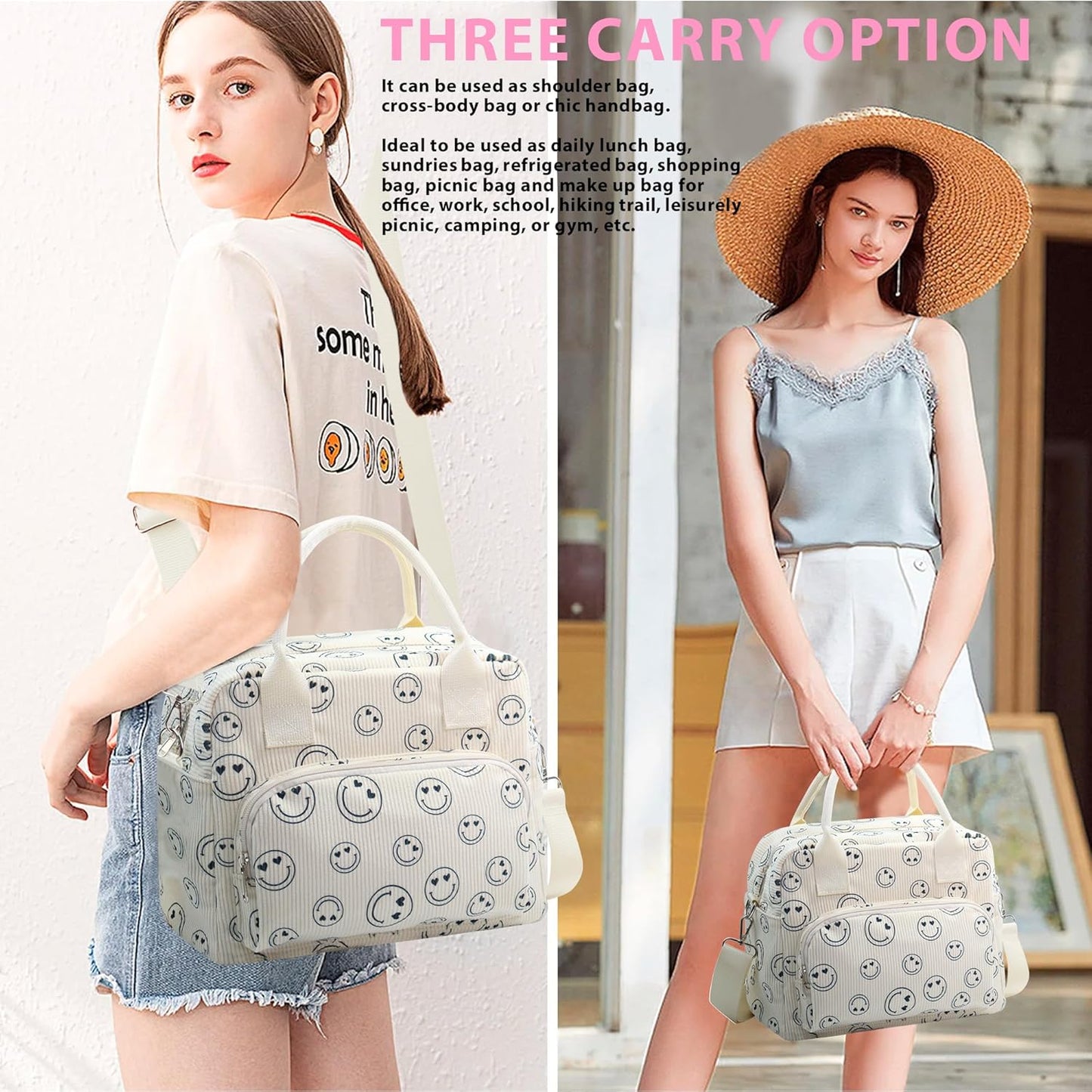RLGPBON Insulated Lunch Bag Teen Girls, Preppy Lunch Box Large Insulated Lunch Bag Reusable Lunch Tote Bag, Preppy LunchBag for Girls School Travel Picnic