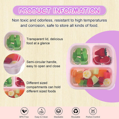 Honeydak 5 Pack Snack Containers 3 Compartment Bento Snack Boxes Divided Meal Prep Containers with Lids Reusable Adults Lunch Food Storage Box for School Work Travel(Elderberry)