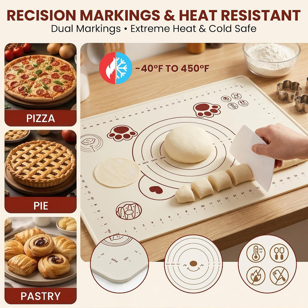 Silicone Baking Pastry Dough Mat 28"x20" with Measurements & Raised Edge