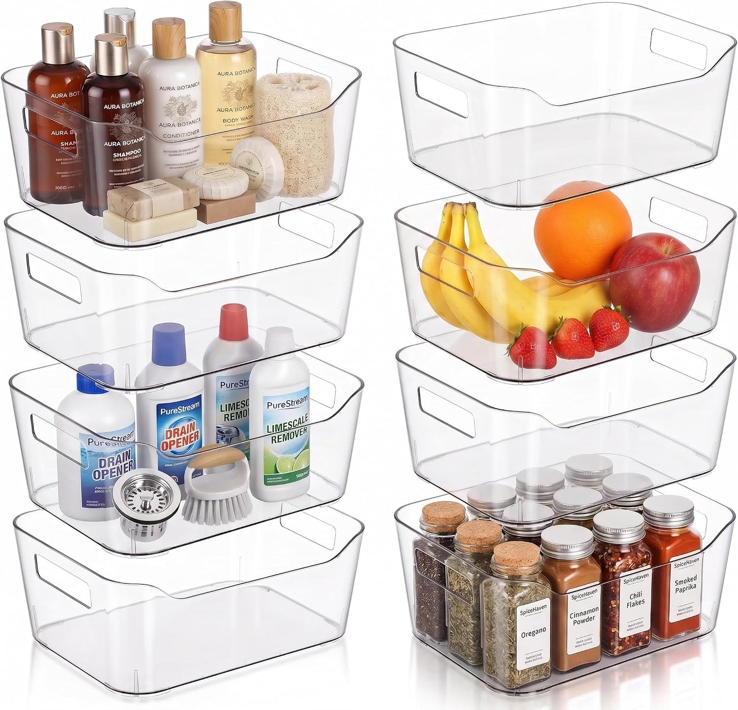 Hudgan 12 Pack Pantry Storage Bins for Kitchen Cabinet, Clear Plastic Organizer Bins for Bathroom, Pantry Organizer Containers for Home Edit, Drawer, Under Sink, Fridge