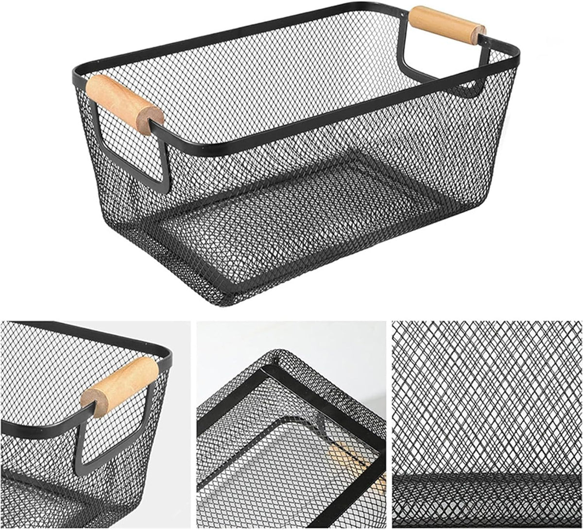 AJIODA Metal Mesh Steel Basket, Large Wire Storage Organizer Basket Multi-function Hanging Kitchen Baskets with Wood Handle for Kitchen Bathroom Picnic Home, Rectangle-Off White