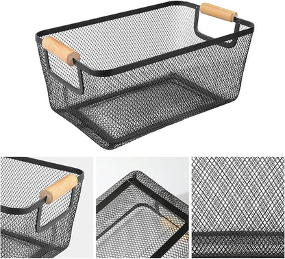 AJIODA Metal Mesh Steel Basket, Large Wire Storage Organizer Basket Multi-function Hanging Kitchen Baskets with Wood Handle for Kitchen Bathroom Picnic Home, Rectangle-Off White