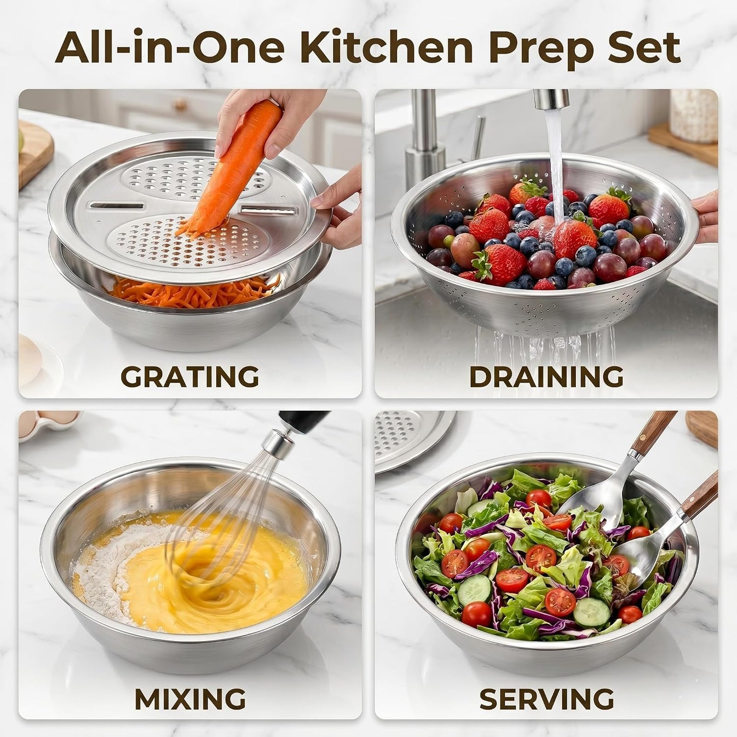 3 Pcs Multifunctional Stainless Steel Grater Bowl Set, 30 cm/11.8 in Large Mixing Basin, Colander for Kitchen Food Prep, Versatile Grater Lid, Induction Cooktop Compatible