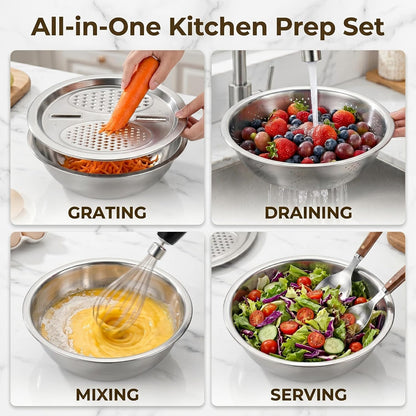 3 Pcs Multifunctional Stainless Steel Grater Bowl Set, 30 cm/11.8 in Large Mixing Basin, Colander for Kitchen Food Prep, Versatile Grater Lid, Induction Cooktop Compatible