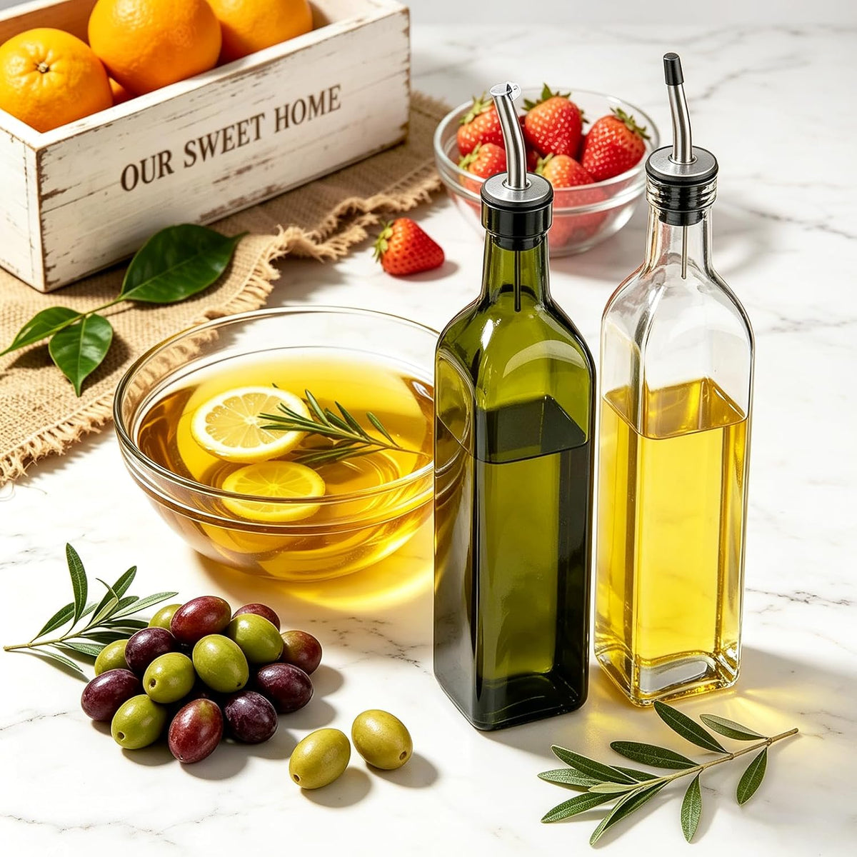Leaflai Olive Oil Dispenser Bottle, Glass Olive Oil Dispenser and Vinegar Dispenser Set with Stainless Steel Pourers, 4 Labels,1 Brush and 1 Funnel Oil Bottles for Kitchen (500ml)