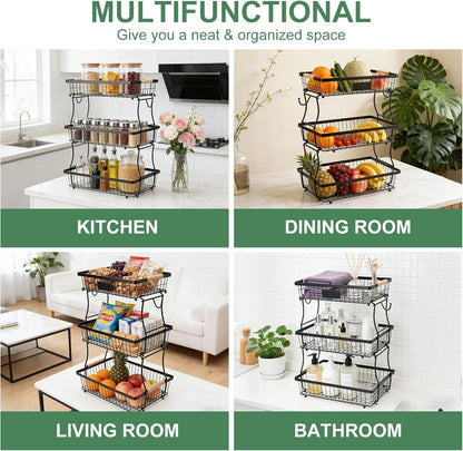 Fruit Basket Bowl 2 Tier Detachable with 2 Banana Hangers, Fruit Stand Holder for Kitchen Countertop, Metal Wire Vegetable Storage Organizer, for Bread Snack Veggies Produce, Black