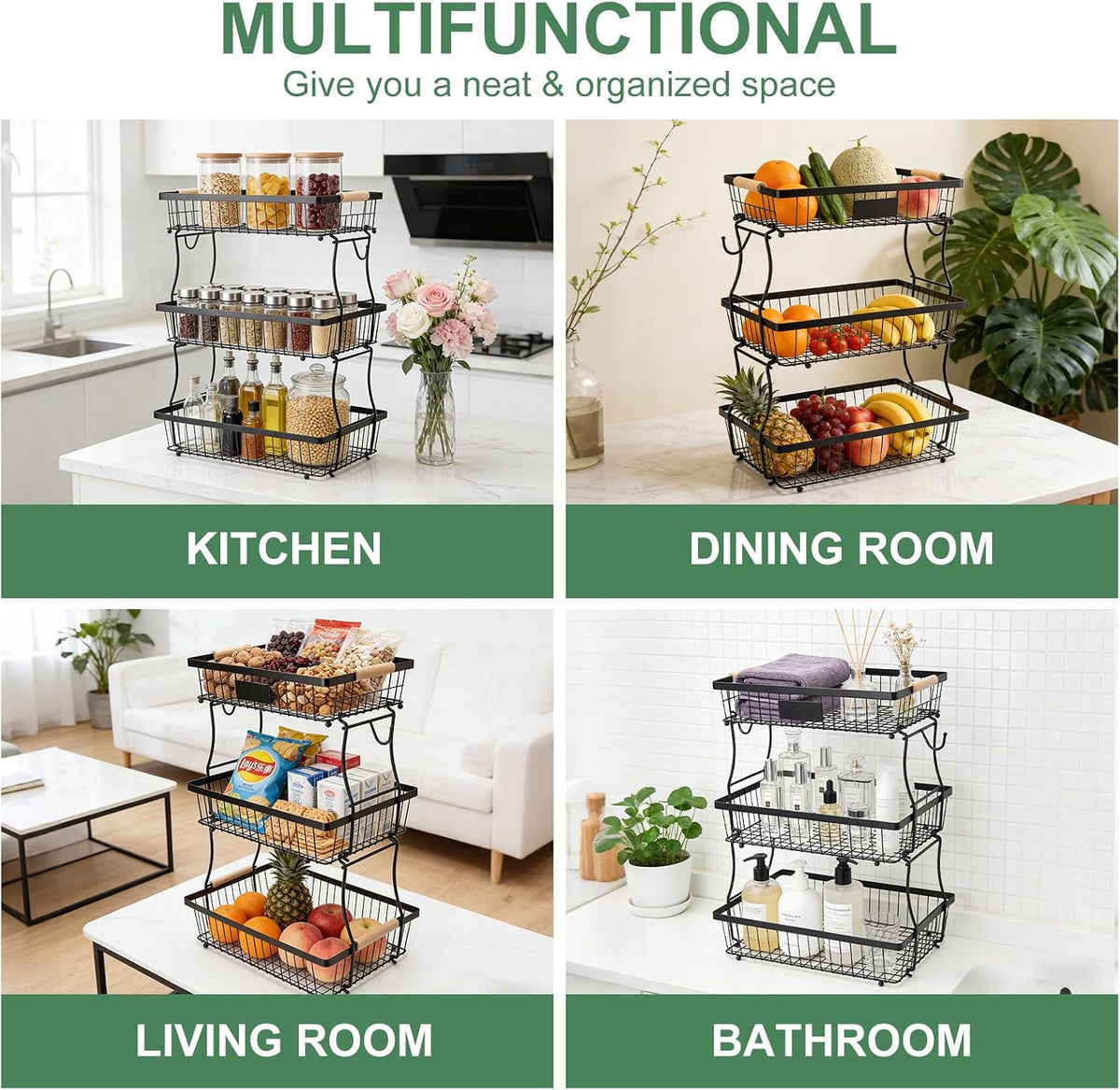 Fruit Basket Bowl 2 Tier Detachable with 2 Banana Hangers, Fruit Stand Holder for Kitchen Countertop, Metal Wire Vegetable Storage Organizer, for Bread Snack Veggies Produce, Black