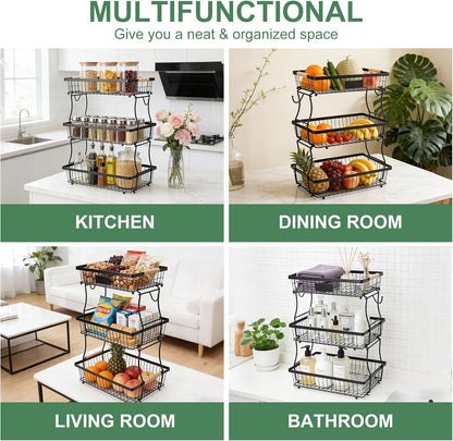 Fruit Basket Bowl 2 Tier Detachable with 2 Banana Hangers, Fruit Stand Holder for Kitchen Countertop, Metal Wire Vegetable Storage Organizer, for Bread Snack Veggies Produce, Black