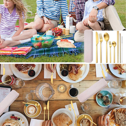 AARAINBOW 8 Pieces Stainless Steel Flatware Set Portable Reusable Cutlery Set Travel Utensils Set Including Chopsticks Knife Fork Spoon Straws Cleaning Brush Dishwasher Safe (Pink Golden)