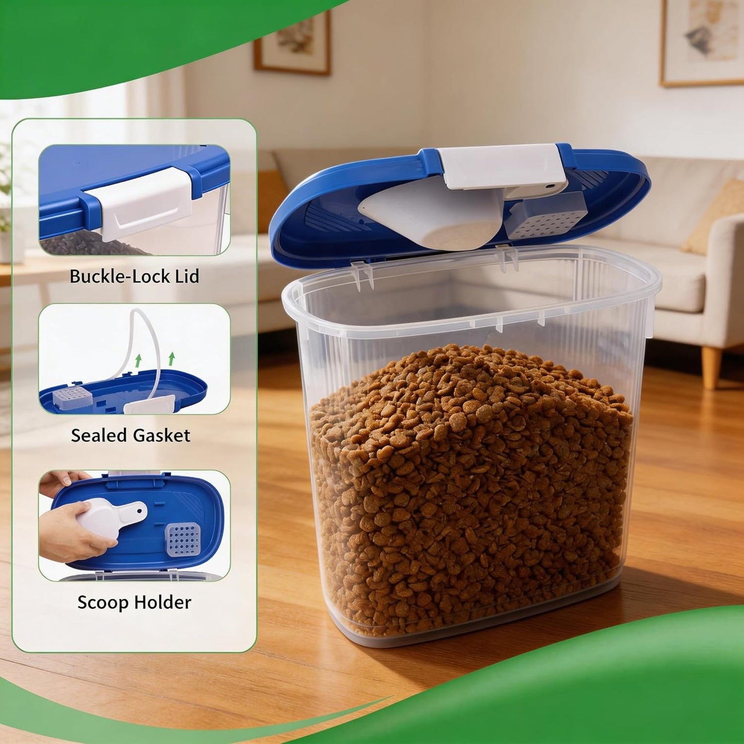10-15 Lbs Dog Food Storage Container Airtight - Slim Pet Cat Food Container with Lid, Scoop and Cup - Clear Plastic Dry Food Storage Bin for Dogs, Cats, Bird Seeds, Kibble, Pellets, Rice, Flour