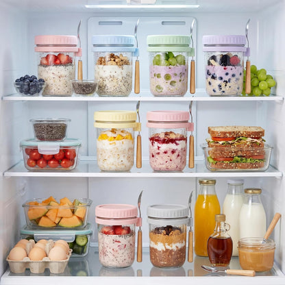 HomArtist 16oz Glass Overnight Oats Containers with Lids and Spoons, 4 Pack | Wide Mouth Glass Jars with Airtight Lids, Perfect for Chia Pudding, Yogurt, Salad & Cereal Meal Prep Storage, Food Safe