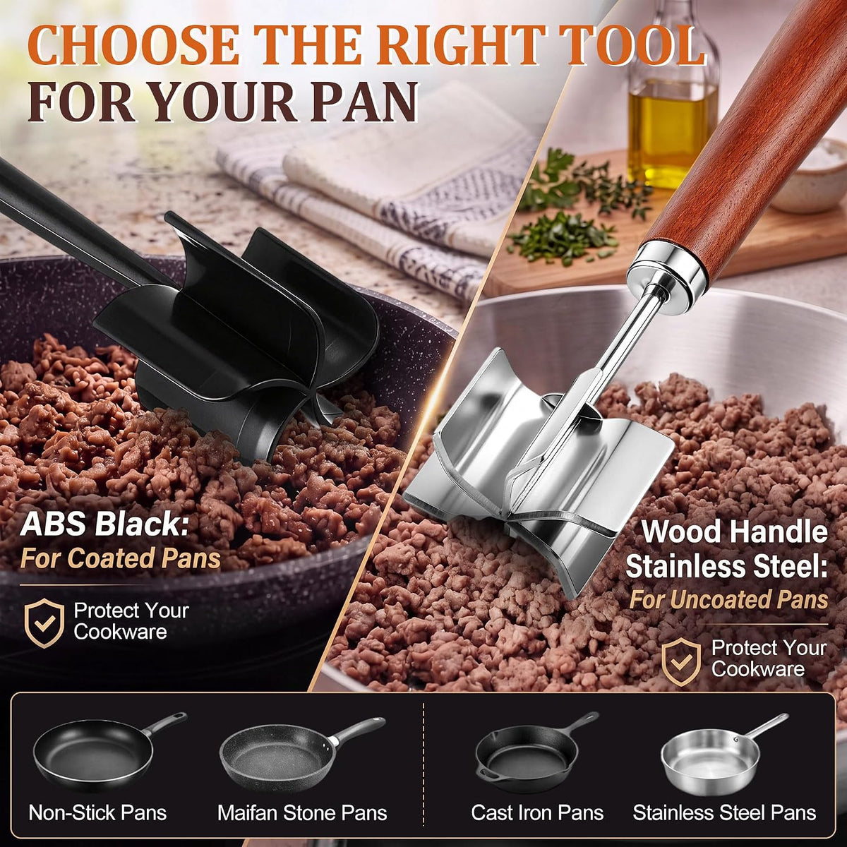 Saillong Meat Chopper 2 Pack, Ground Beef Masher, ABS & Stainless Steel