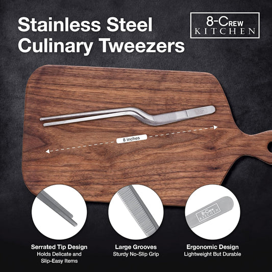 8-CREW KITCHEN Culinary Stainless Steel Tweezers, 8-inch Offset Tip Chef Precision Tongs for Plating, Decorating, Food Design, Bar and Multi-Purpose