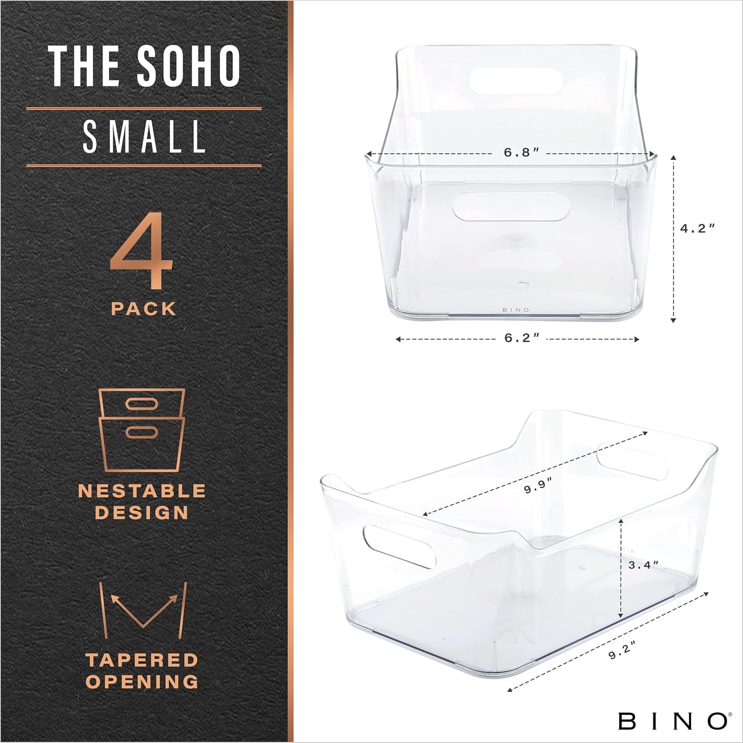 BINO | Plastic Organizer Bins, Large - 4 Pack | The SOHO Collection | Multi-Use | Pantry & Freezer Organizer Bins | Plastic Storage Containers for Home & Kitchen Org