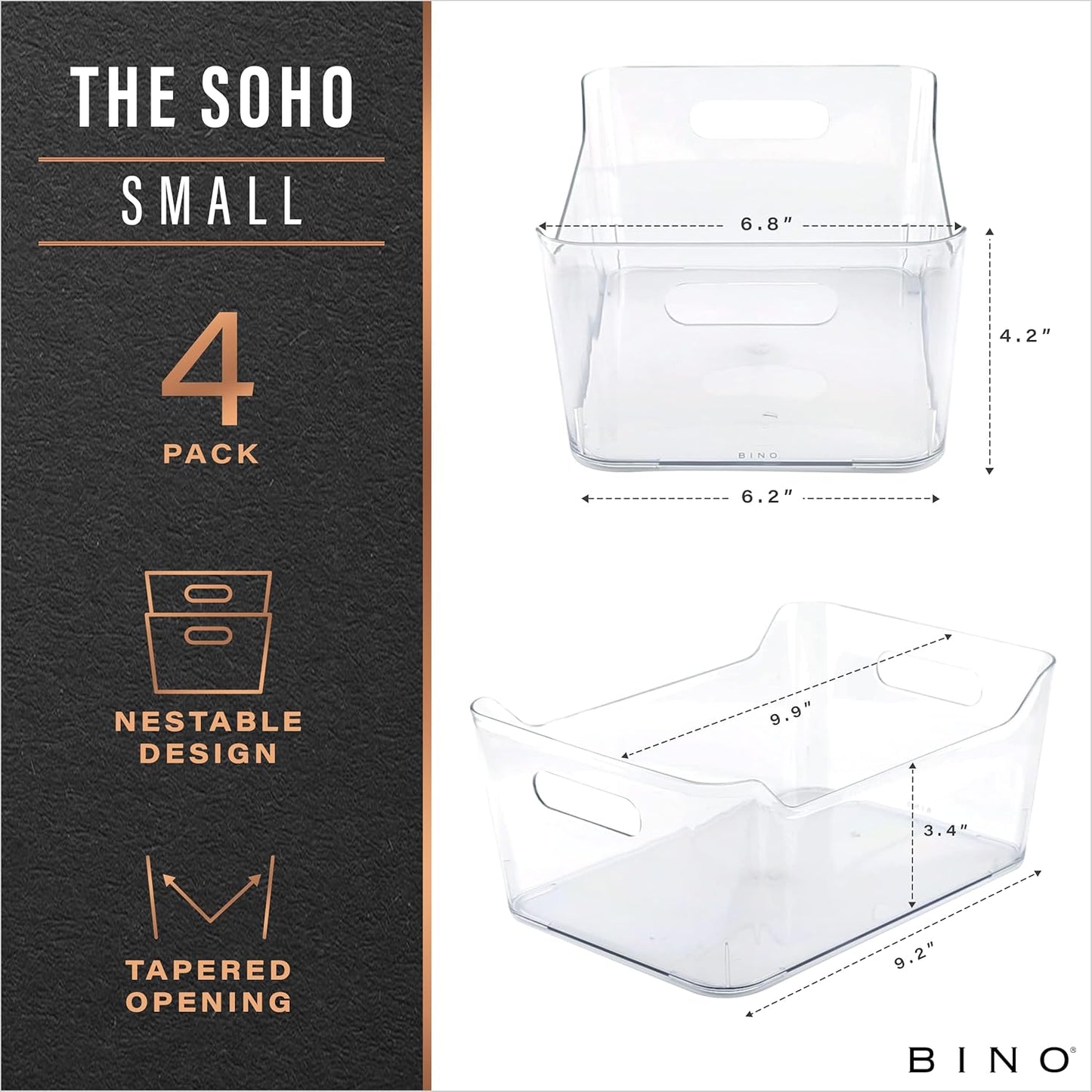 BINO | Plastic Organizer Bins, X-Small - 4 Pack | THE SOHO COLLECTION | Multi-Use Organizer Bins | Pantry & Freezer Bin | Plastic Storage Containers | Bin for Home & Kitchen Org