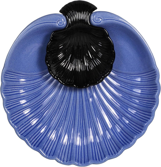 Servo Best Grey Ceramic Chip and Dip Platter, Shell Design Appetizer Serving Tray with Built-In Dip Bowl, Sectioned Snack Platter for Chips Salsa Veggies, Party Entertaining Serveware Gift