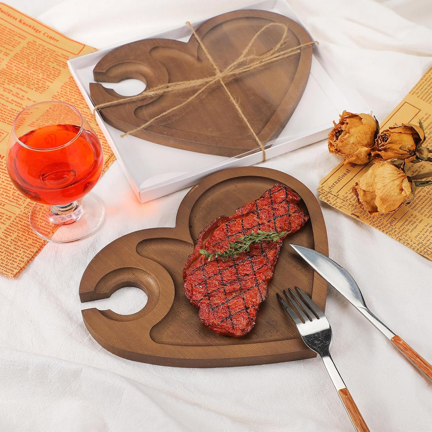 Menkxi 12 Set Wine Appetizer Plates Mini Charcuterie Boards with Wine Glass Holder and Box Gifts for Bridal Shower Game Prizes Wooden Cocktail Cheese Plate for Guests Baby Shower(Heart,Light Color)