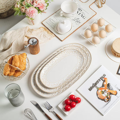 Oval Serving Platter, 14"/12"/10" Ceramic Serving Platters, Embossed White Serving Plates, Stackable Porcelain Tray for Appetizer, Dessert, Pasta, Sushi, Oven Dishwasher Safe, Set of 3, Family Dining