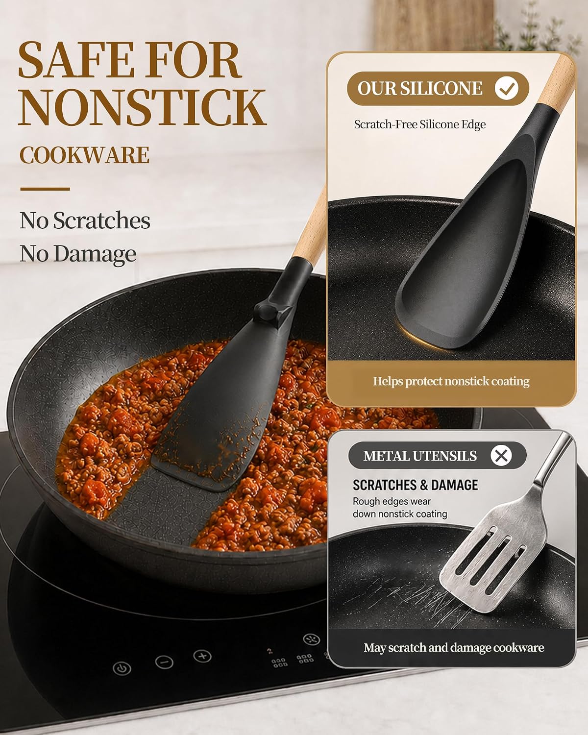 Astercook Cooking Spoon, 2 Pack, Nonstick Safe Silicone Spoonula Spatula