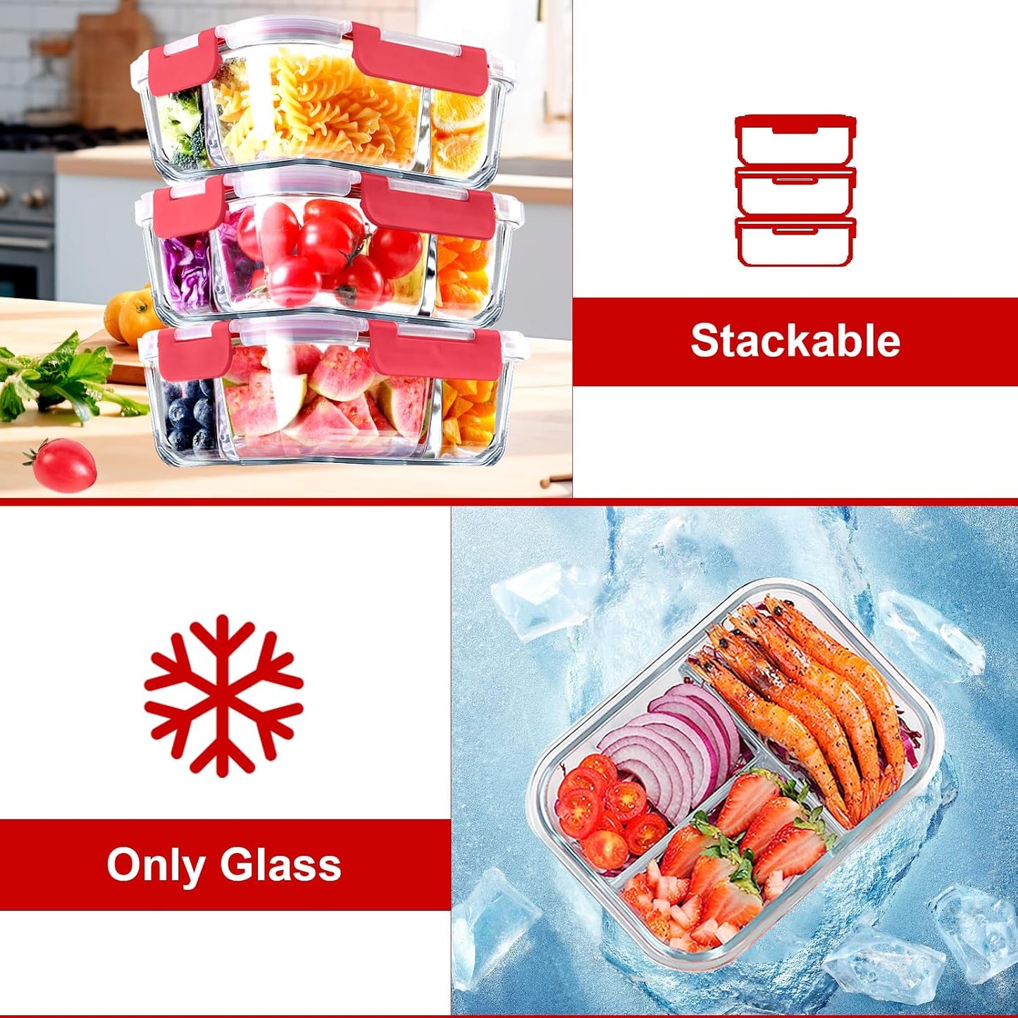 VERONES 5 Pack Glass Meal Prep Containers 3 Compartment Set, 36OZ Airtight Glass Lunch Containers, Glass Food Storage Containers with Lids, for Microwave, Oven, Freezer & Dishwasher Friendly,Green