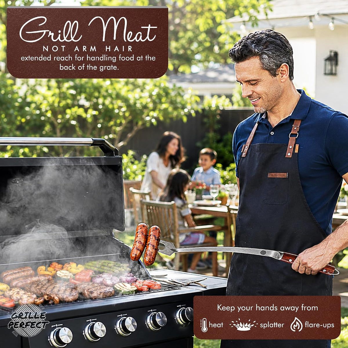 Grill Fork 24-inch Super Long for Grilling Barbecue Griddle and Fire Pit Extra Strong Curved Neck Premium Hardwood Handle Large Stainless Steel Tines for BBQ Outdoor Kitchen and Grilled Food
