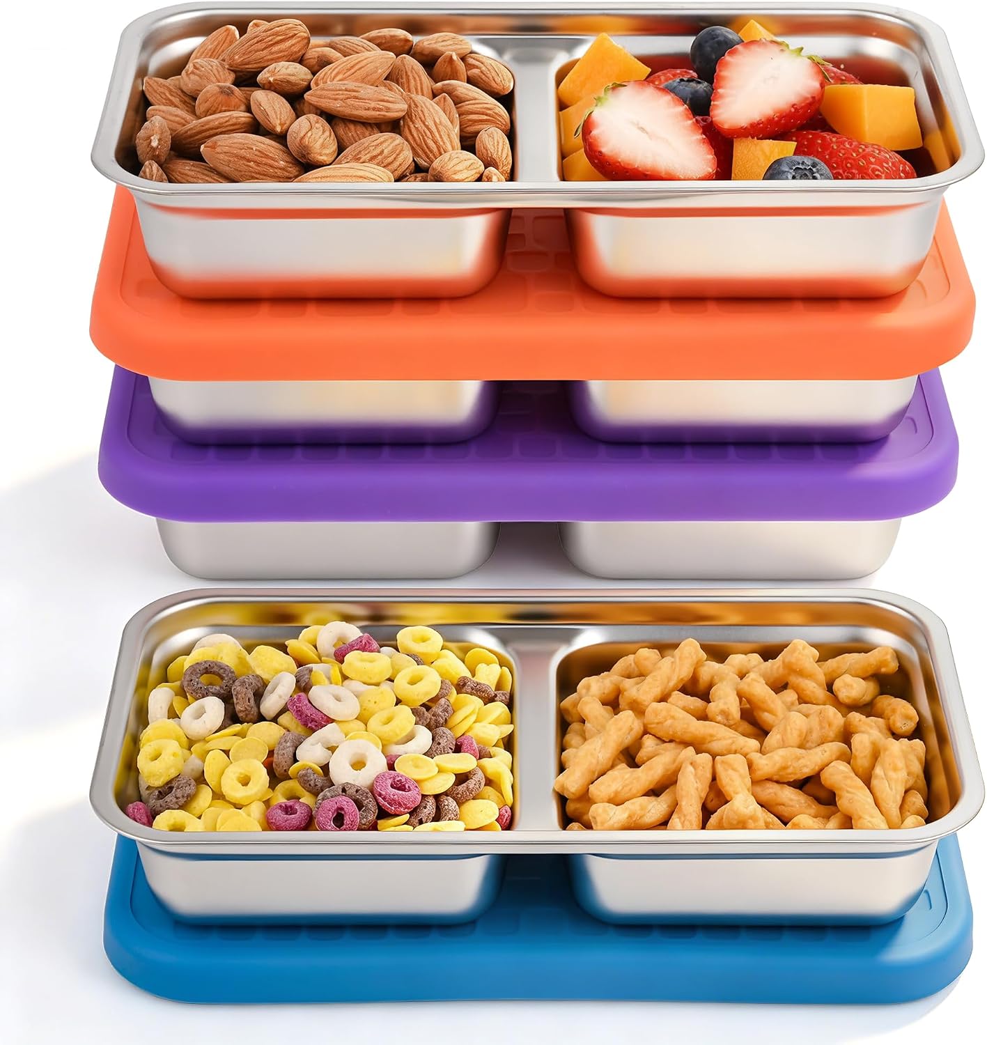 4 Pack Stainless Steel Snack Containers Set, Mixed Single & 2 Compartment Bento Boxes with Silicone Lids, Leakproof Food Storage for Meal Prep, Lunch, Travel, Picnic, Camping, Kitchen Organization